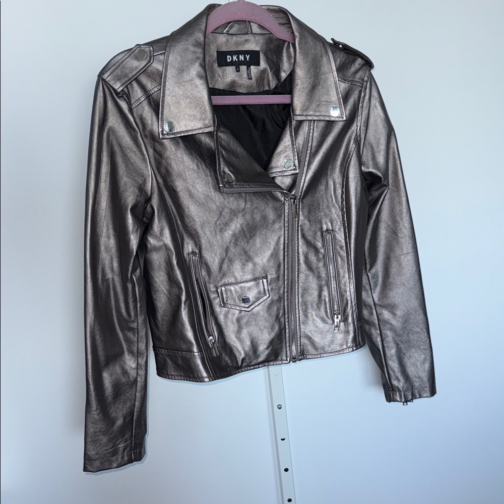 DKNY Silver Leather Jacket Classic Style